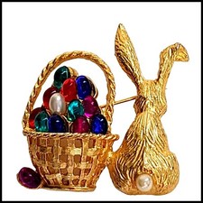 Spilla cabochon vintage Pell Mary Beth Burchardt cesto uova di Pasqua coniglietto finta perla