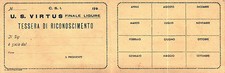 TESSERA U.S. VIRTUS FINALE LIGURE TESSERA DI RICONOSCIMENTO ANNI '40  4-44