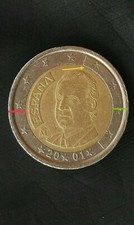 MONETA 2 EURO Spagna 2001 Spain RARA ERRORE CONIO Coin defect DECENTRATA a Dx 