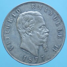 VITTORIO EMANUELE II 5 LIRE 1877 ROMA ARGENTO SILVER COIN mSPL CURRENCY