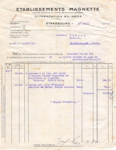 Facture 1934 alimentation - alimentation, ets