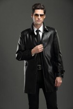 Cappotto Trench In Vera Pelle Di Agnello Nero Da Uomo Lunghezza Ginocchio