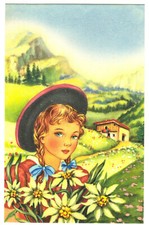 Cartolina Antica Illustrata Anni 40s Ragazza Costume Tirolese Alto Adige Stelle 