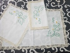 TRITTICO TRIS CENTRINI LINO RICAMO CALLE BORDURA UNCINETTO FATTO A MANO REGALO 