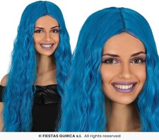 Parrucca lunga ricci senza frangia colore blu cosplay carnevale halloween feste