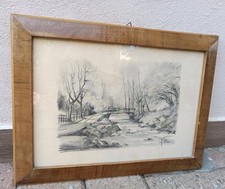 Dipinto A Matita D'epoca Cornice Legno Paesaggio Italiano