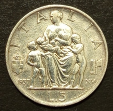 5 LIRE 1937 SPL FECONDITA' R RARA ARGENTO SILVER REGNO VITTORIO EMANUELE III