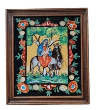 *HH* Antico Quadro Dipinto Sacro Su Vetro Religioso Devozionale Fuga In Egitto