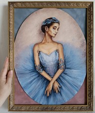 Ballerina blu quadro originale - olio ovale ritratto femminile - 11,8x15,7 in