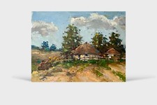 Dipinto olio casa su collina