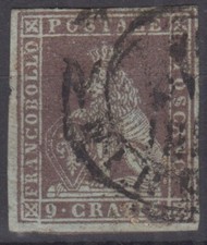 TOSCANA 1851-52 MARZOCCO 9 CRAZIE BRUNO VIOLACEO SU GRIGIO N.8 US. MARGINATA