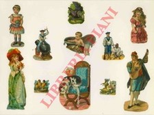 Undici cromo varie (bambini, suonatori, gatti, cani, marinai, uccelli, damine