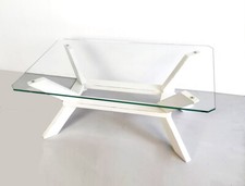 Tavolino da salotto caffè rettangolare in legno bianco panna e piano vetro H. 38