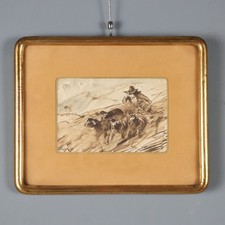 Filippo Palizzi 'Pastore con Pecore' Dipinto Antico Inchiostro XIX Secolo