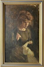 Quadro a Olio Ritratto Donna Che Cucito Ricamare Fatto Mano Studio Stile Liberty