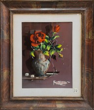 Natura morta con vaso di rose - Dipinto a olio su tela di Alfano Dardari, Italia