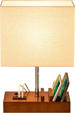 Lampada da Tavolo Moderna USB 3 Porte + Supporto Telefono Base Legno Noce