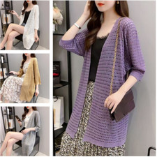 Donna Traforato Maglia Cardigan Cappotto Giacca Rete Estivo Casual Top Midi