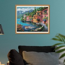 Kit Punto Croce Timbrato Piccola Città Modello Ricamo Artigianato 52x44cm 14CT