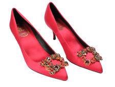Scarpe Roger Vivier donna Eu 38 cristallo fiore strass fibbia rosso raso tacco