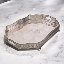 Vassoio Ottagonale Antico Rame Placcato Argento Traforato con Manici