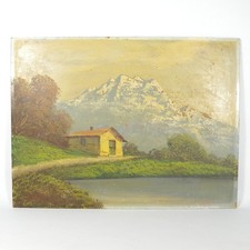 QUADRO DIPINTO OLIO SU COMPENSATO PAESAGGIO MONTAGNA VINTAGE ANNI 60 W080