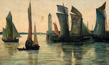 Antico dipinto ad olio paesaggio originale, vista mare, barche firmato XIX...