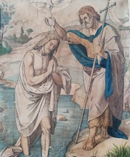 Antica Incisione Religiosa Colorata XIX Scena Biblica Il Battesimo di Gesù