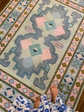 Tappeto Oushak Rosa Blu Talia Nodo Turco per Soggiorno Camera da Letto Tappeto Annodato a Mano