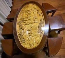 RARO! BELLISSIMO! ANTICO TAVOLO OVALE DA TÈ GIAPPONESE IN LEGNO INTAGLIATO CON 6 SGABELLI