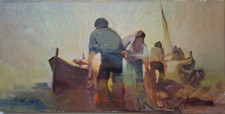 LIVORNO Dino Pelagatti "Pescatori" 30x60 Olio Su Tela ORIGINALE