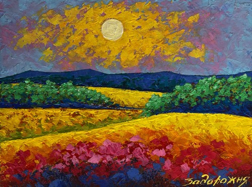Oil painting evening sun - sun, over