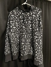 RARA giacca con cappuccio e cappuccio nera stampa all over argento circa 2008 XL