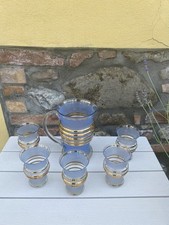 Brocca e 4 bicchieri in vetro decorato filatura oro