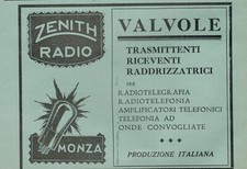  PUBBLICITA' ORIGINALE D'EPOCA ANNI 30/40-VALVOLE ZENITH RADIO MONZA