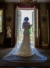 Abito da Sposa Matrimonio stile Sirena + Velo e Coprispalle, taglia 44