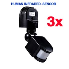 3 PCS  Sensore Movimento Pir 180° da Parete Crepuscolare 230V-IP44 nero