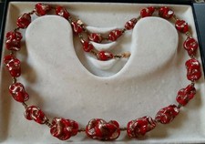 Vintage Venetian Murano Molded Gold Foiled Red Art Glass Beads 19" Necklace