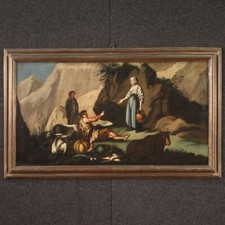 Dipinto bucolico antica scena pastorale di campagna olio su tela XVIII secolo