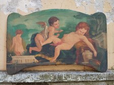 ANTICO DIPINTO SOVRAPPORTA OLIO SU TELA SCENA CON PUTTI E ANGIOLETTO cm.108X66,5