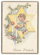 1960 cartolina vintage Buon Natale angelo musica stella decorazioni natalizie