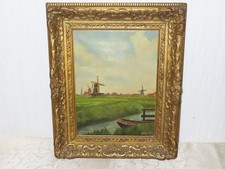 Quadro " Paesaggio con villaggio e mulino a vento " firmato