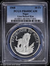 Moneta 10 Franchi 1968 Niger Leone Argento Proof PCGS PR 68 DCAM | Cerchio Rialzato