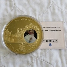 2012 POPE PAUL VI  70mm LARGE GOLD PLATED COLOURED PROOF MEDAL - coa