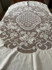 Unico copritavolo vintage in lino BIANCO cm. 105x 180 fatto a mano filet modano