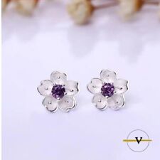 ORECCHINI DONNA A FIORE CON ZIRCONE VIOLA DI 1 CM IN ARGENTO 925 RODIATO
