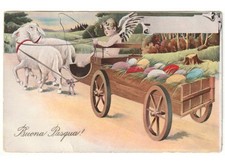 antica cartolina auguri di Buona Pasqua angelo carro agnelli uova colorate