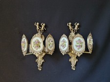 Antica coppia applique vintage ottone e porcellana con rose 3 luci applique da parete 