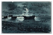 Cartolina Caravelle di Cristoforo Colombo Notte Jackson Park Chicago IL UDB W7