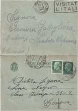 ITALIA 1938 VALORI GEMELLI SU BIGLIETTO POSTALE DA CUNEO X GENOVA